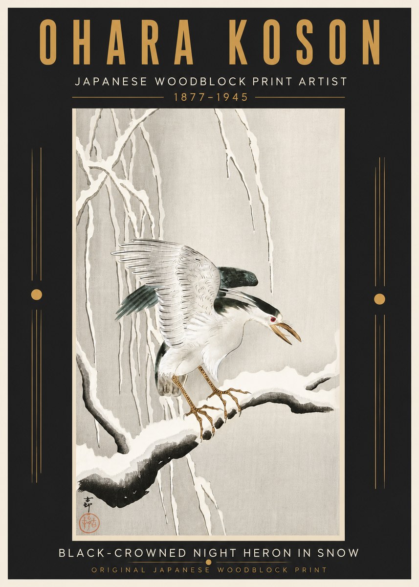 Ohara Koson Black-crowned Night Heron in Snow No5 - Plakát