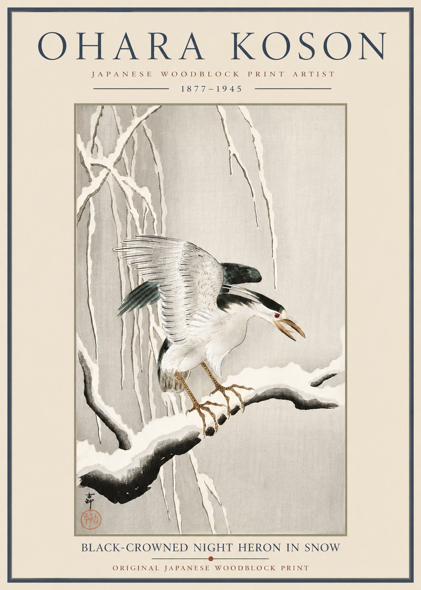 Ohara Koson Black-crowned Night Heron in Snow No6 - Plakát