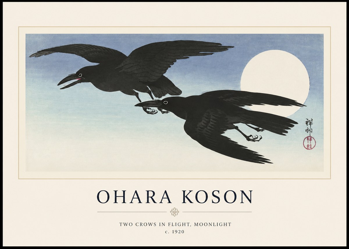 Ohara Koson Two Crows in Flight, Moonlight No1 - Plakát