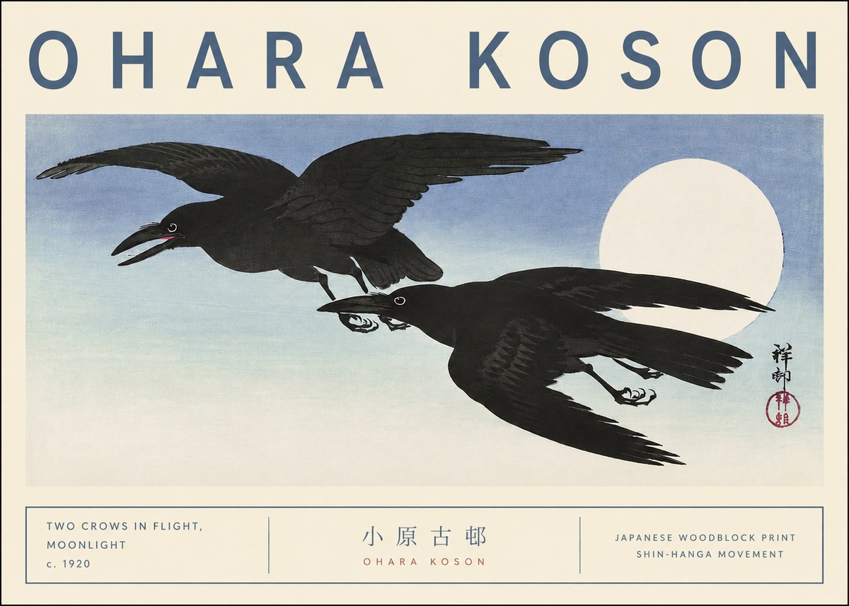 Ohara Koson Two Crows in Flight, Moonlight No3 - Plakát