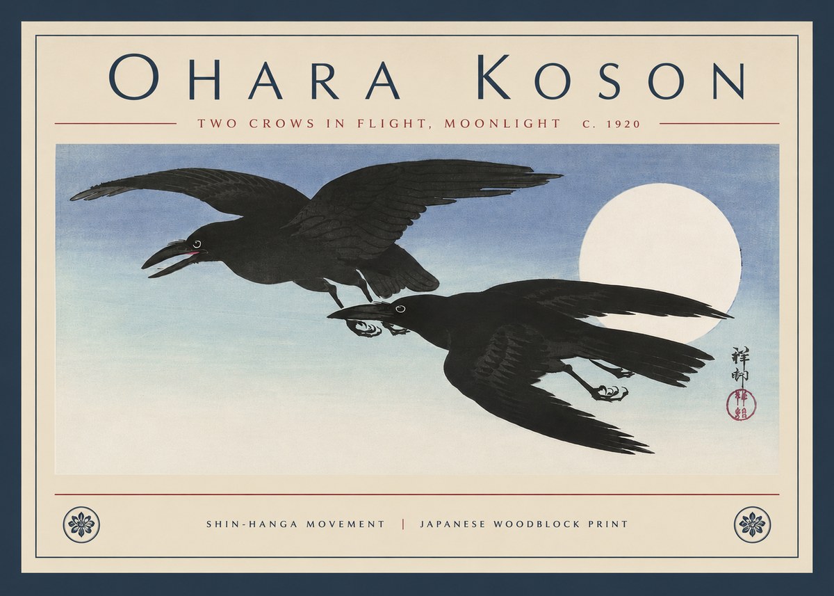 Ohara Koson Two Crows in Flight, Moonlight No4 - Plakát