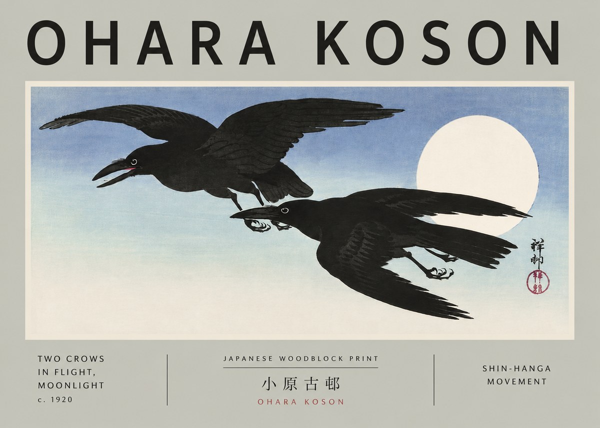 Ohara Koson Two Crows in Flight, Moonlight No5 - Plakát