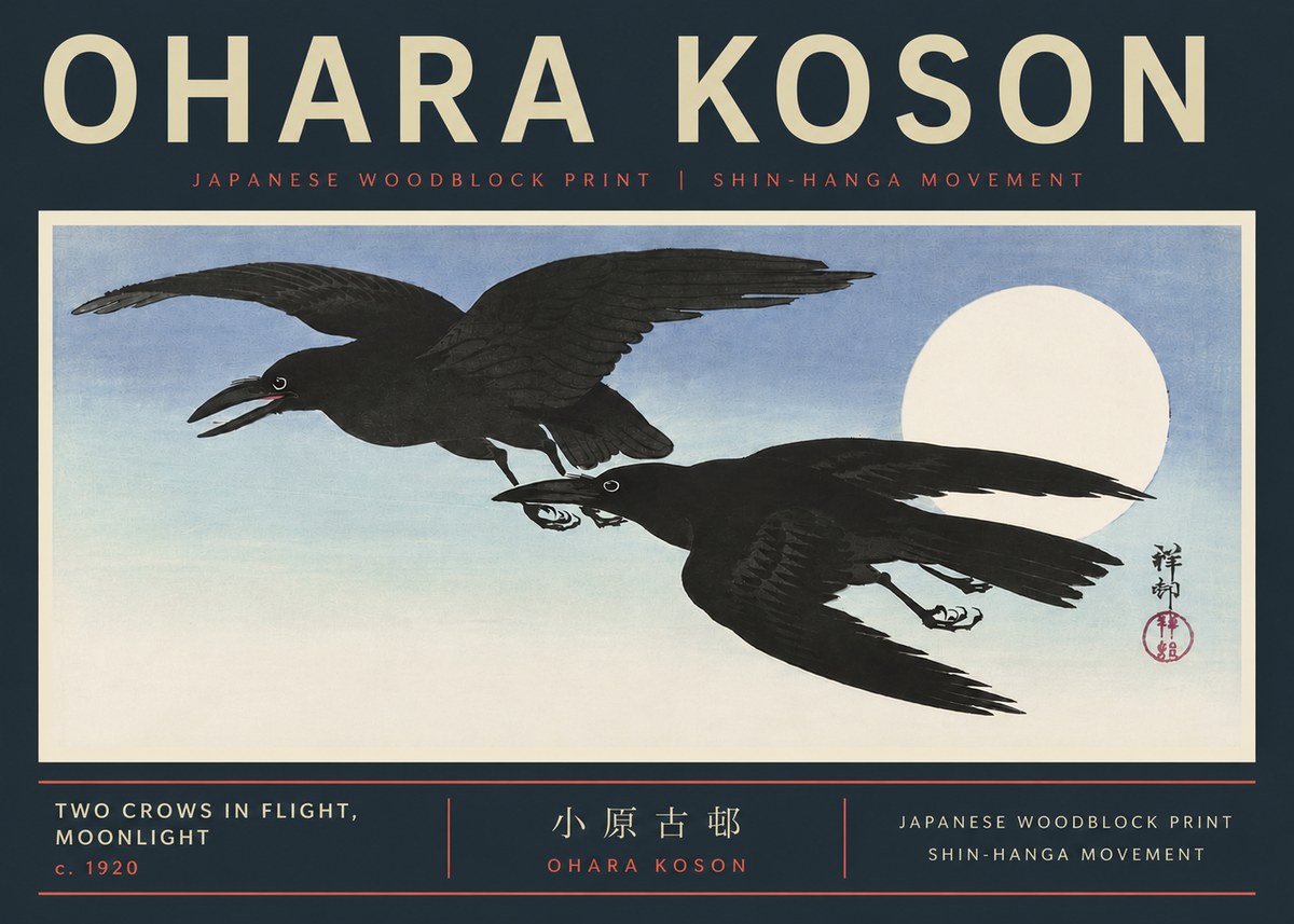Ohara Koson Two Crows in Flight, Moonlight No6 - Plakát