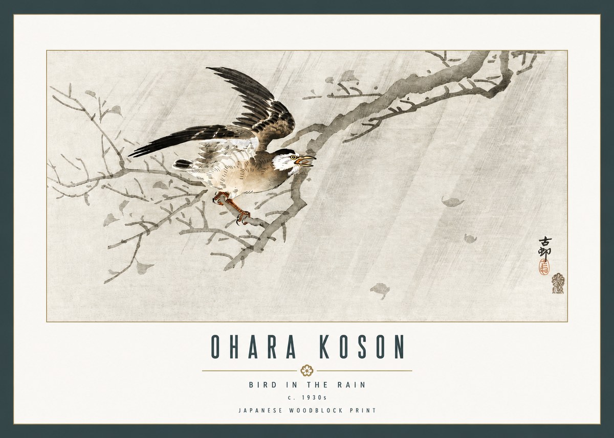 Ohara Koson Bird in the Rain No2 - Plakát