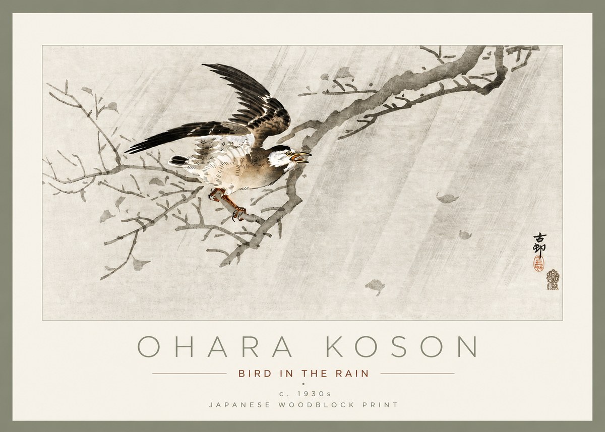 Ohara Koson Bird in the Rain No3 - Plakát