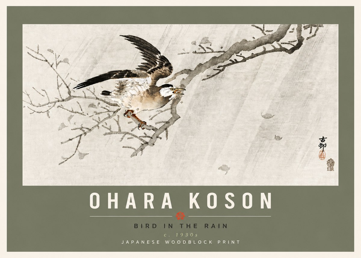 Ohara Koson Bird in the Rain No6 - Plakát