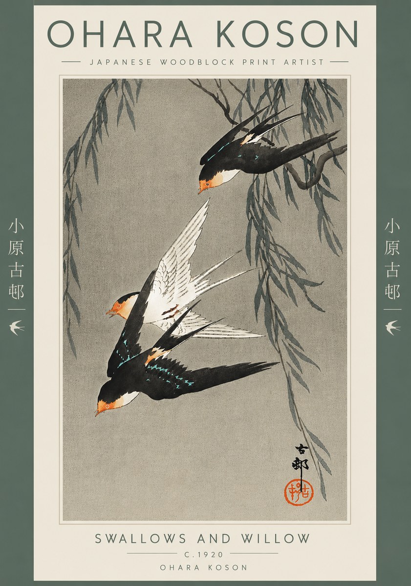 Ohara Koson Swallows and Willow II No5 - Plakát