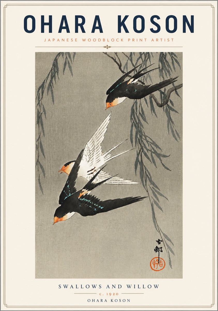 Ohara Koson Swallows and Willow II No6 - Plakát