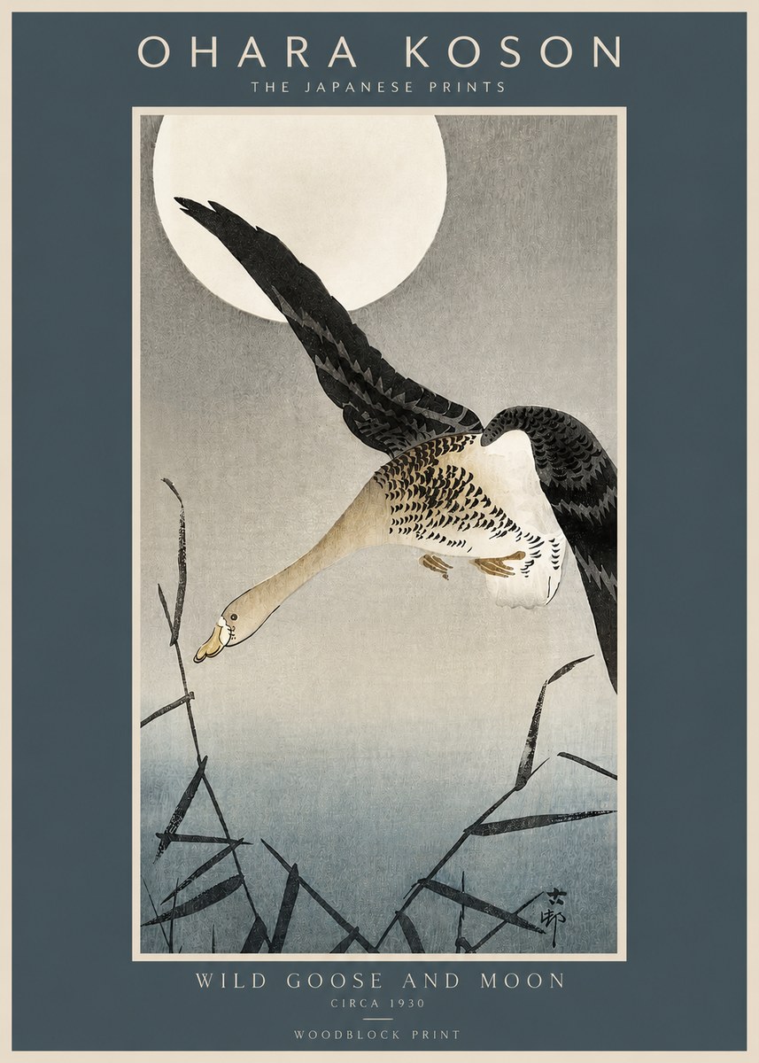 Ohara Koson Wild Goose and Moon No2 - Plakát