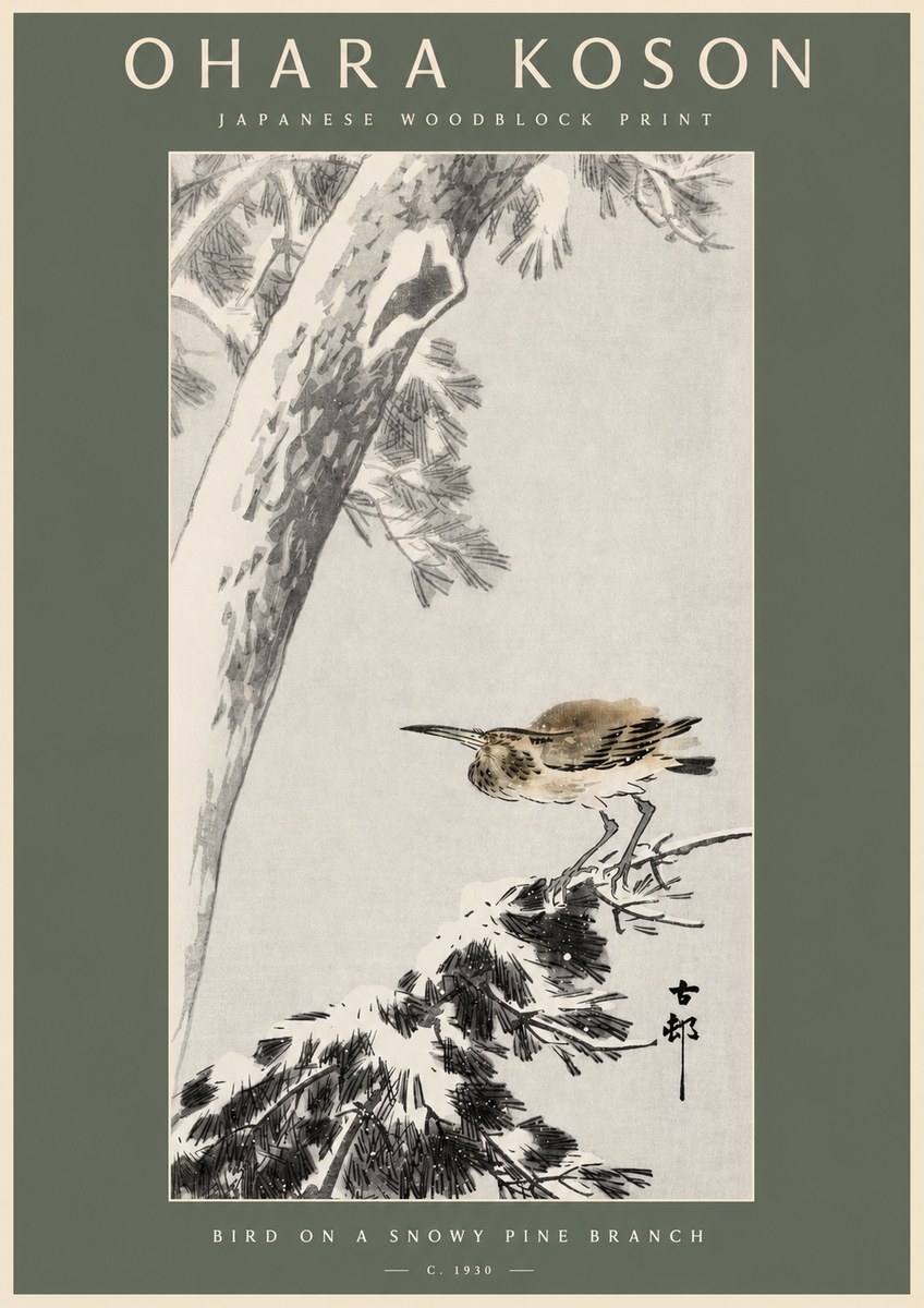 Ohara Koson Bird on a Snowy Pine Branch No2 - Plakát
