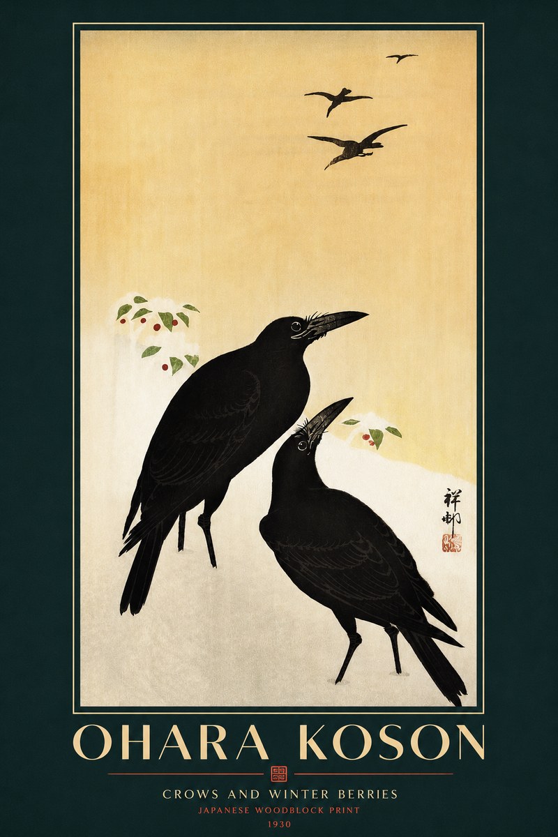 Ohara Koson Crows and Winter Berries No3 - Plakát