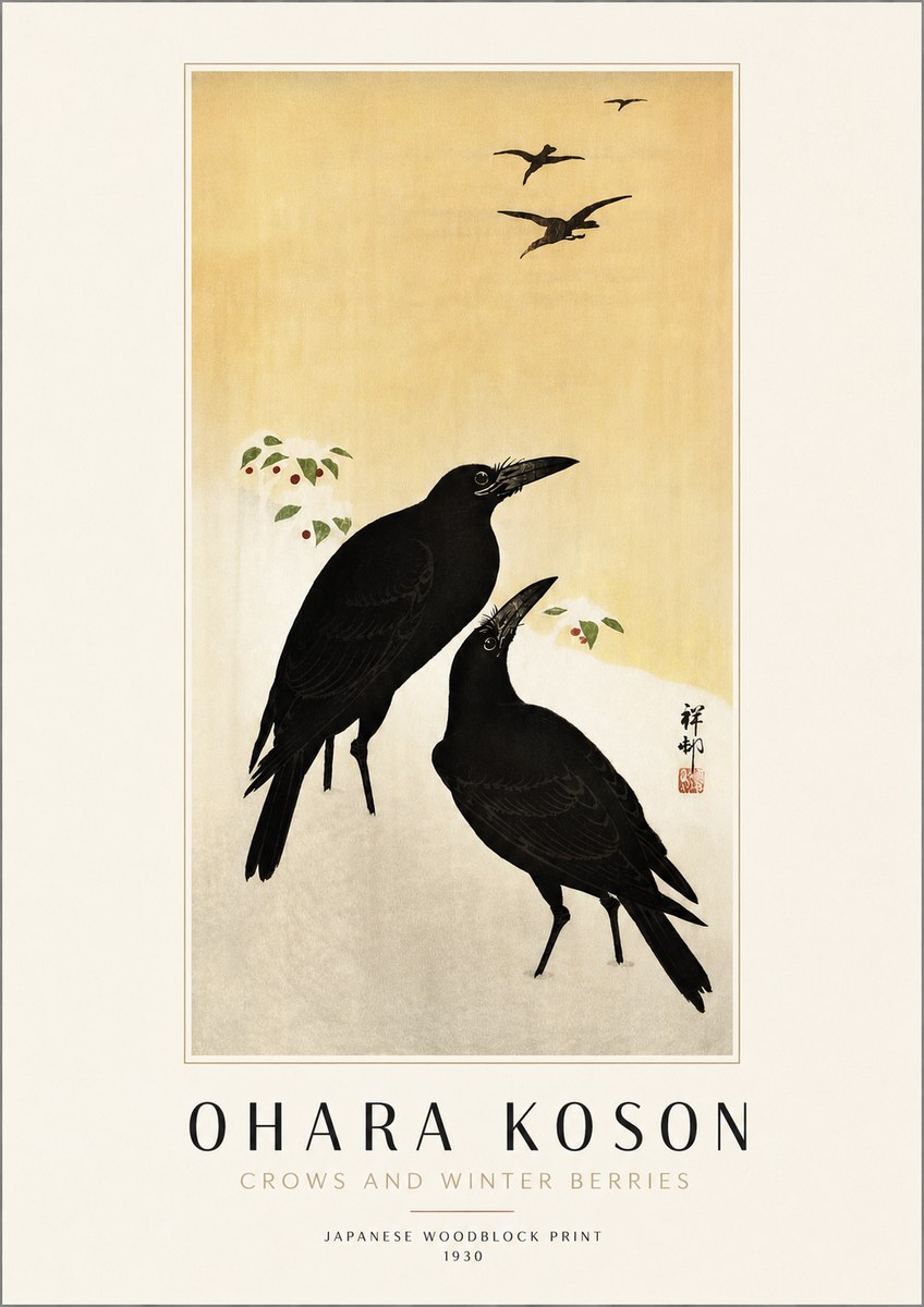 Ohara Koson Crows and Winter Berries No4 - Plakát