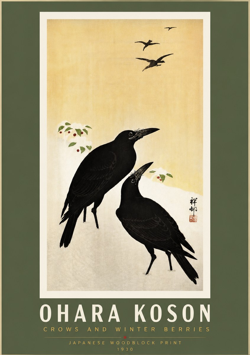 Ohara Koson Crows and Winter Berries No5 - Plakát