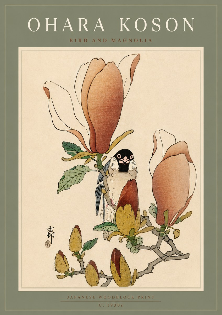 Ohara Koson Bird and Magnolia No5 - Plakát