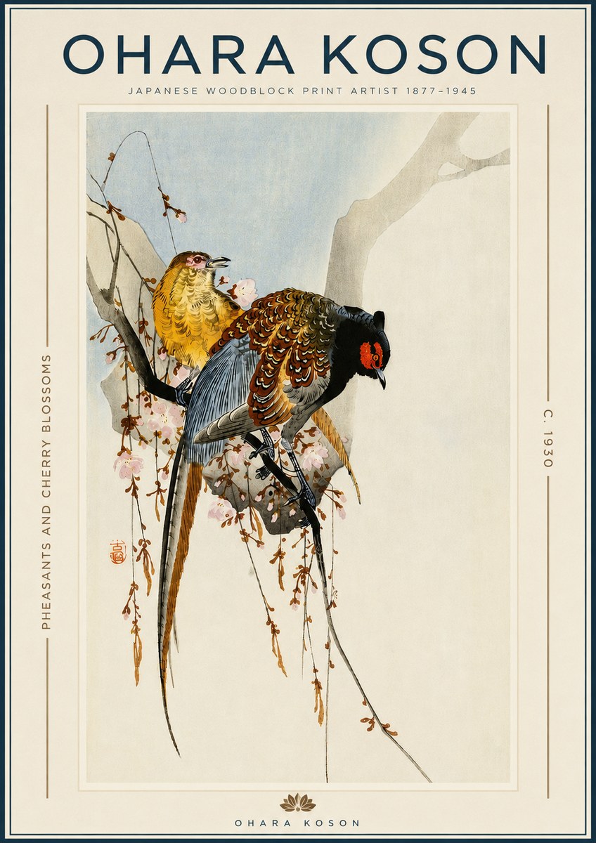 Ohara Koson Pheasants and Cherry Blossoms I No3 - Plakát