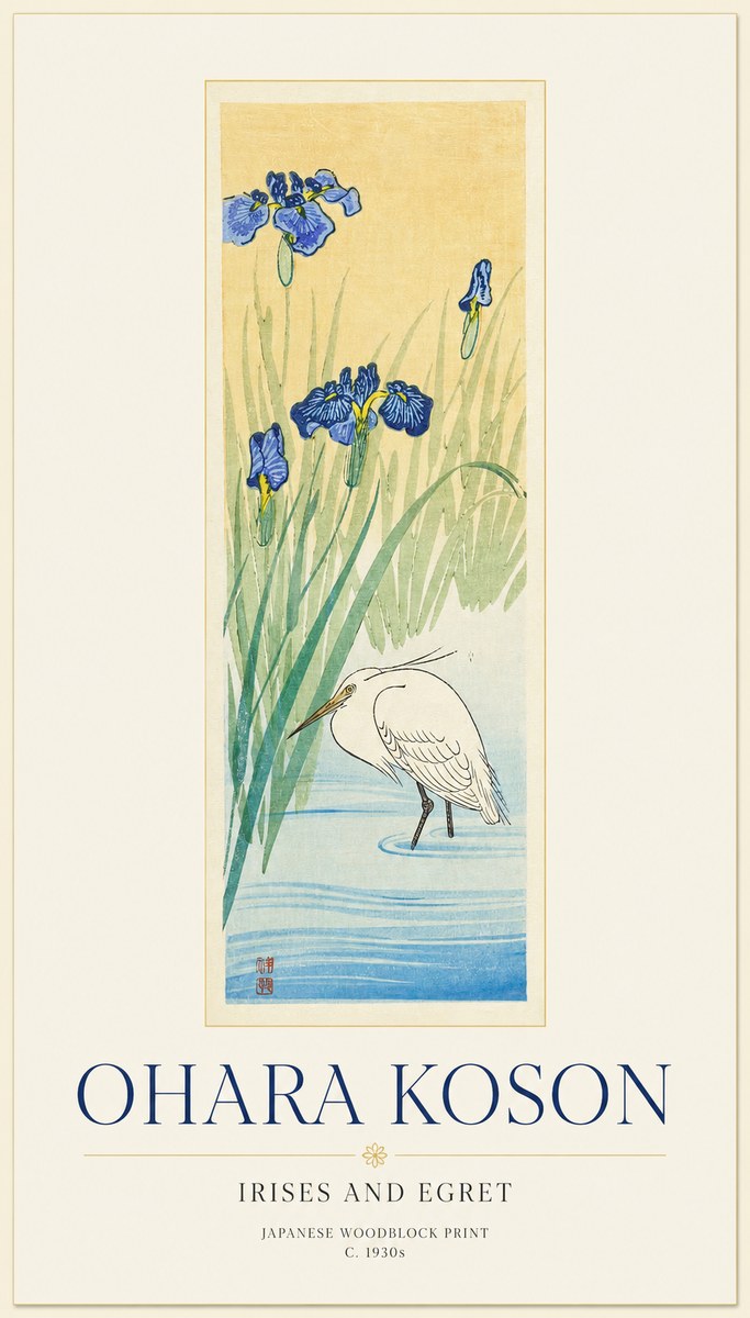 Ohara Koson Irises and Egret No1 - Plakát