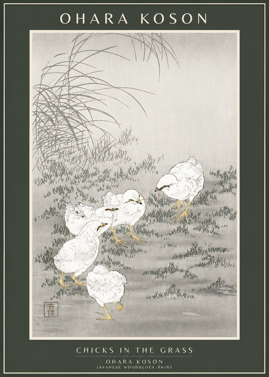 Ohara Koson Chicks in the Grass No1 - Plakát