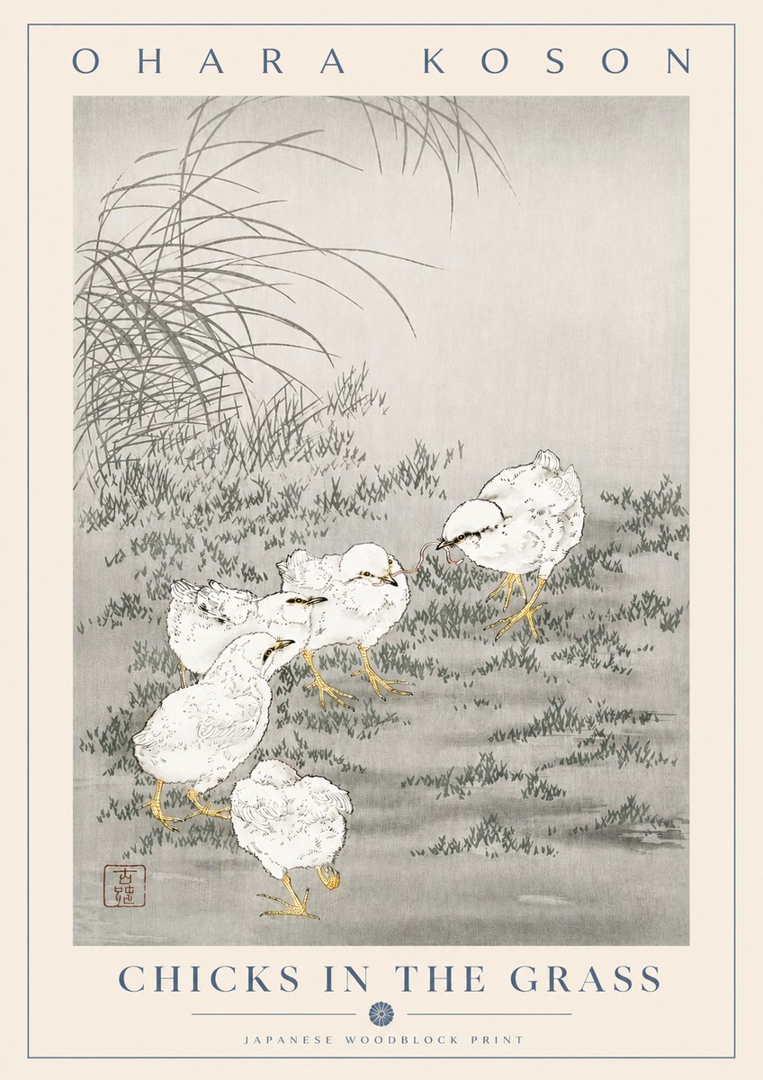 Ohara Koson Chicks in the Grass No2 - Plakát