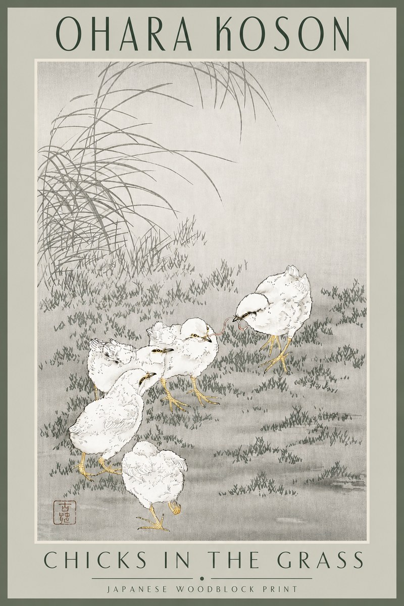Ohara Koson Chicks in the Grass No3 - Plakát