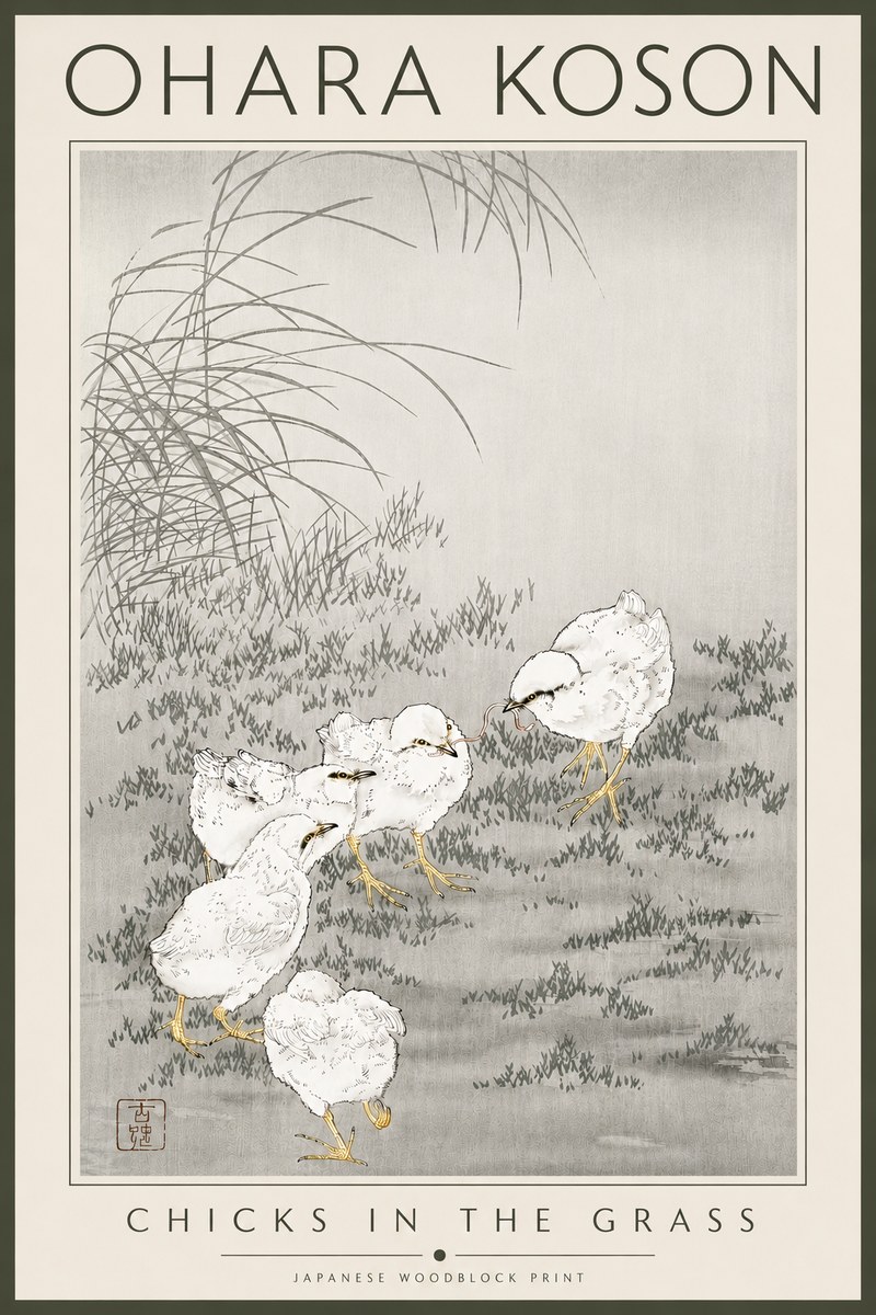 Ohara Koson Chicks in the Grass No4 - Plakát