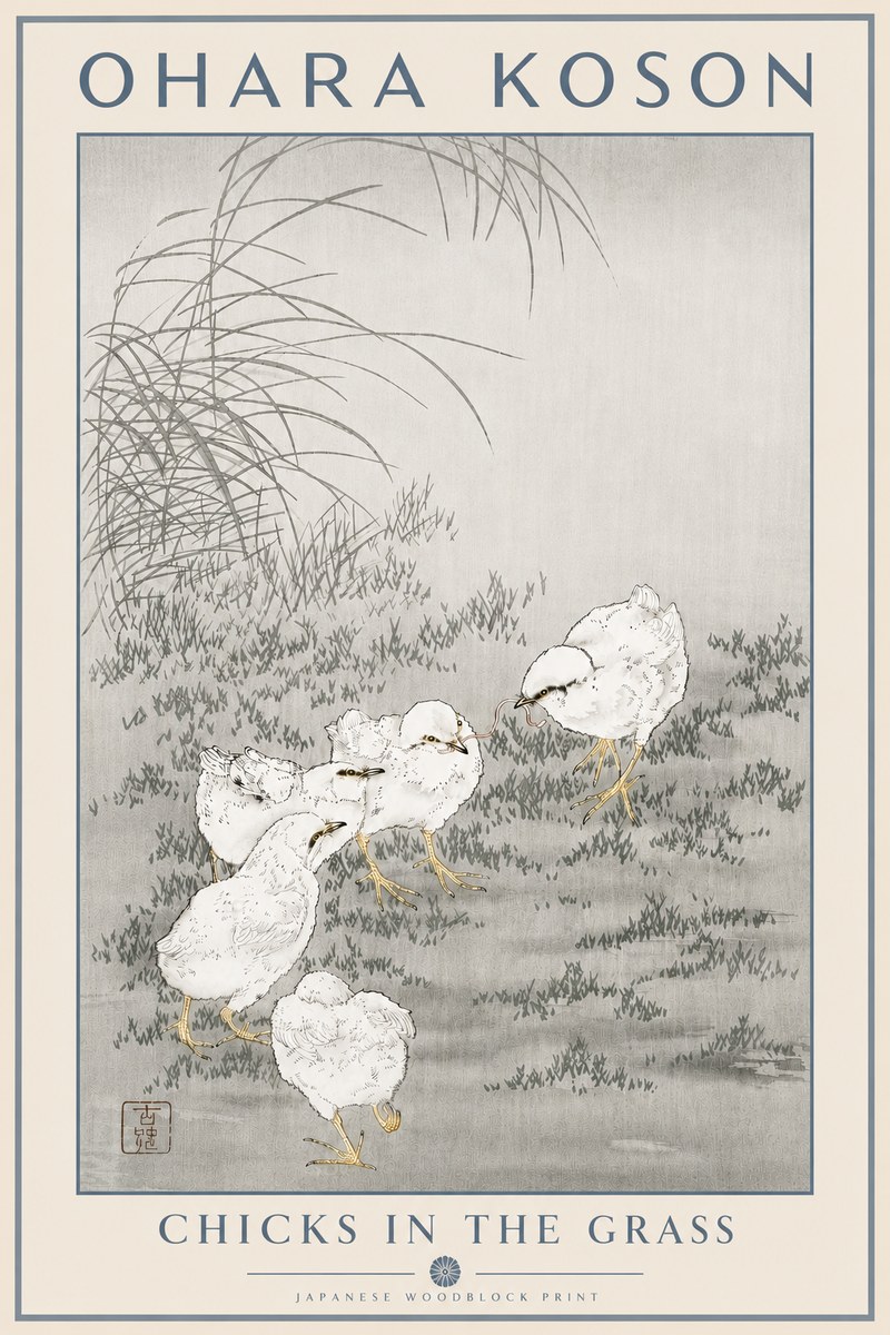 Ohara Koson Chicks in the Grass No5 - Plakát