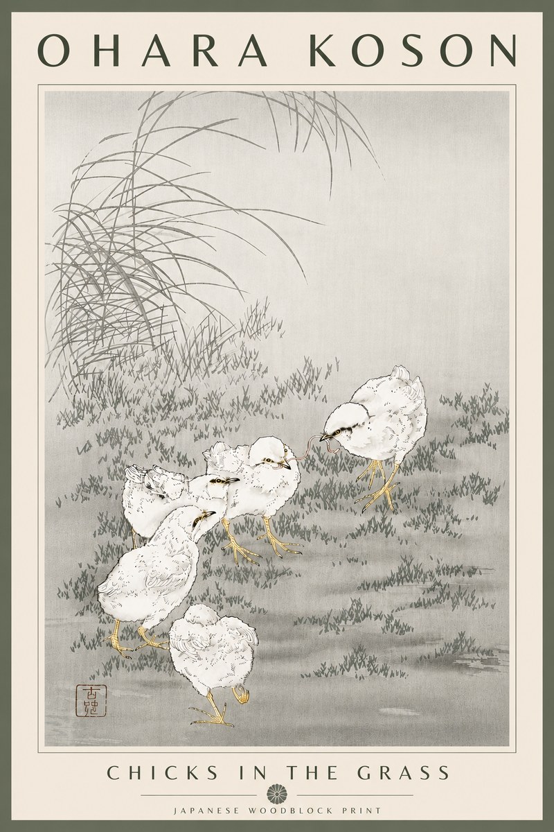 Ohara Koson Chicks in the Grass No6 - Plakát