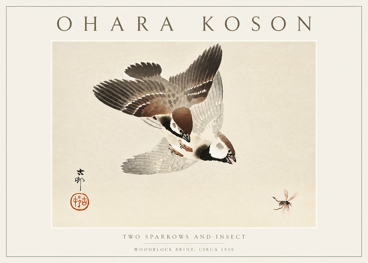 Ohara Koson Two Sparrows and Insect No3 - Plakát