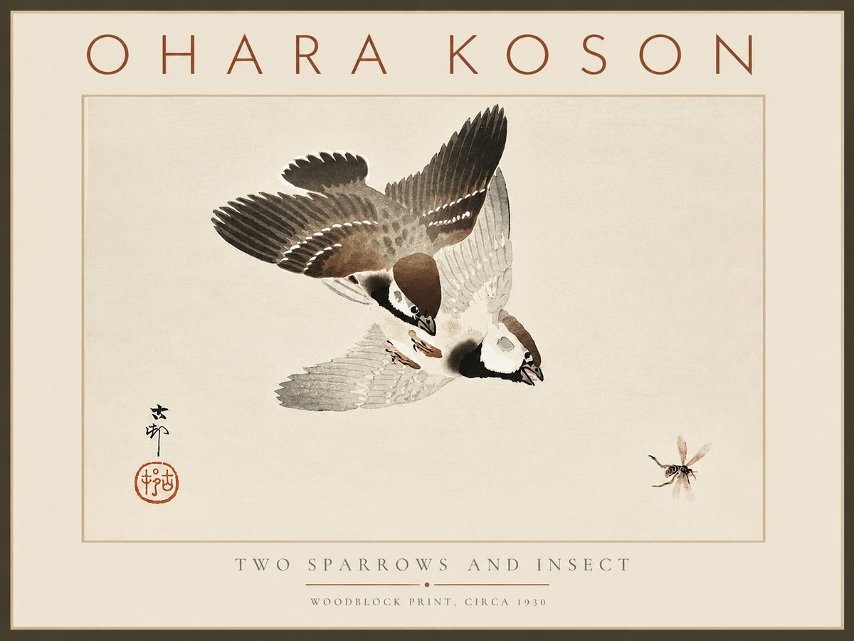 Ohara Koson Two Sparrows and Insect No6 - Plakát