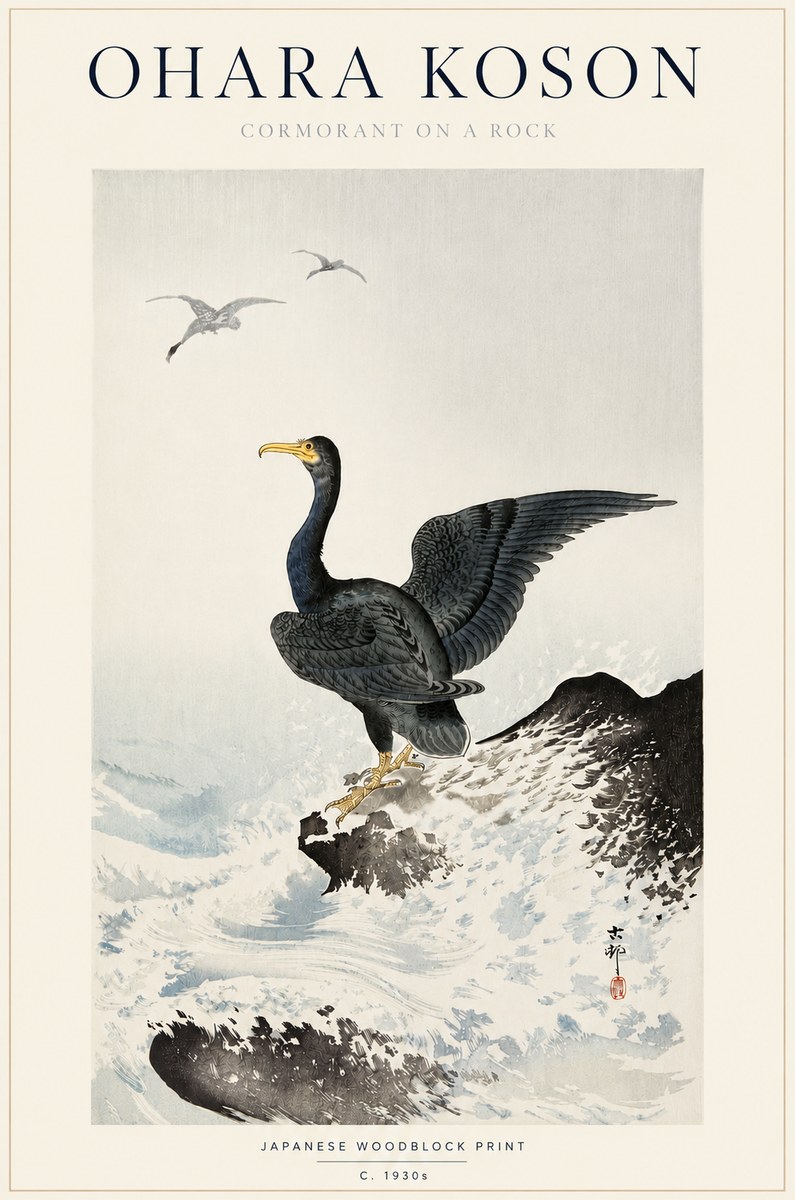 Ohara Koson Cormorant on a Rock No3 - Plakát