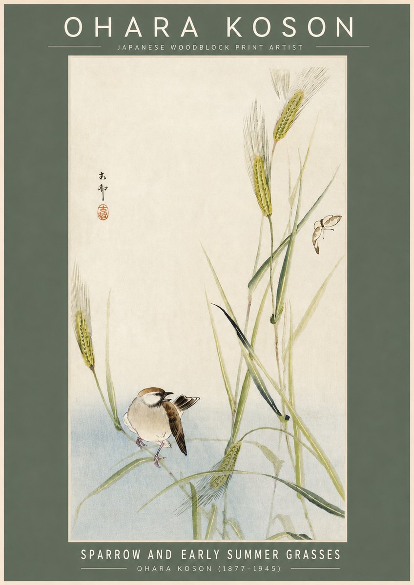 Ohara Koson Sparrow and Early Summer Grasses No2 - Plakát
