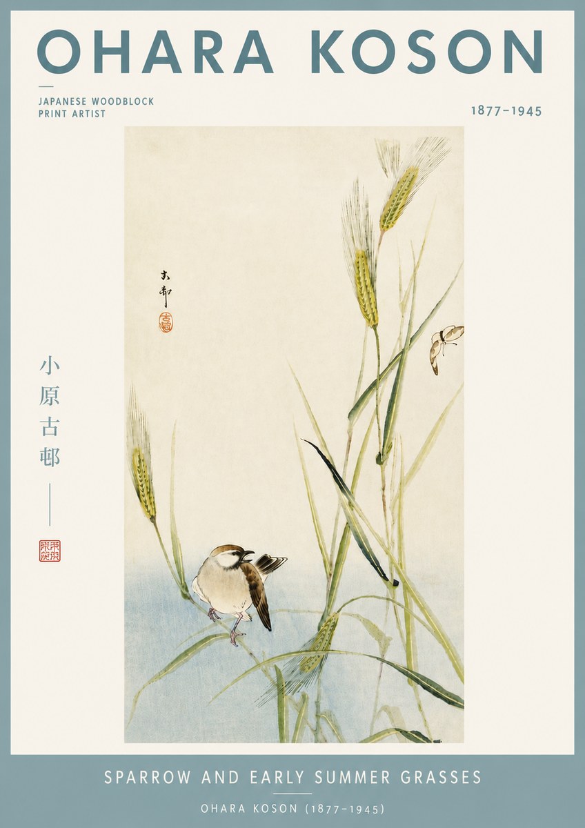 Ohara Koson Sparrow and Early Summer Grasses No4 - Plakát