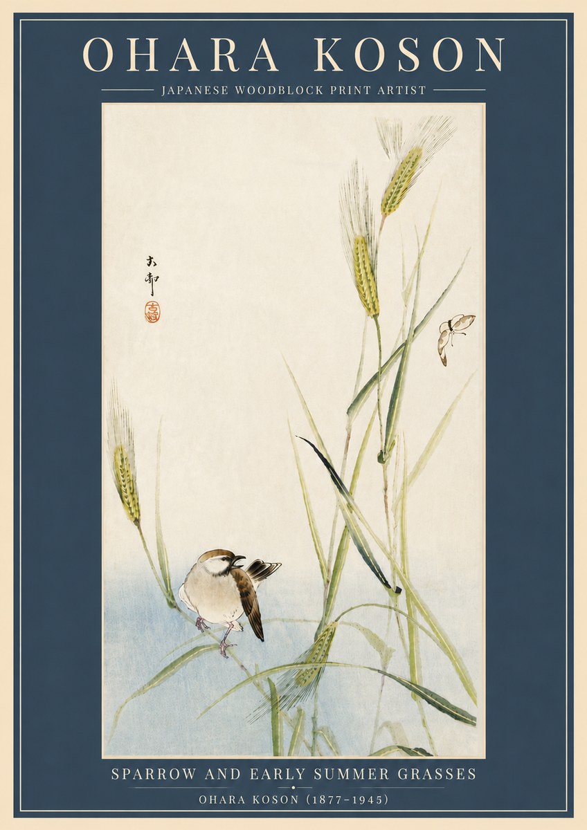 Ohara Koson Sparrow and Early Summer Grasses No6 - Plakát