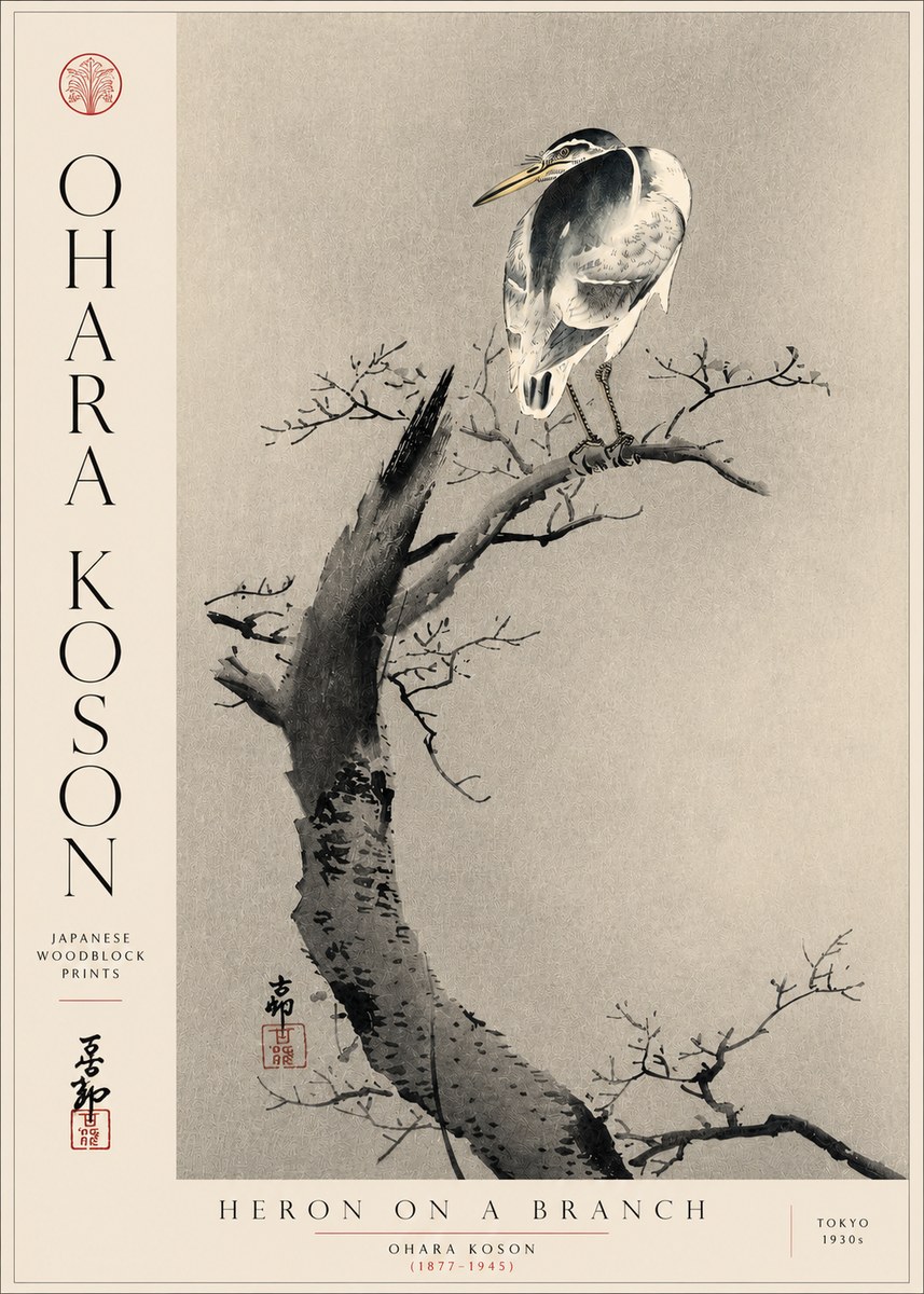 Ohara Koson Heron on a Branch No5 - Plakát