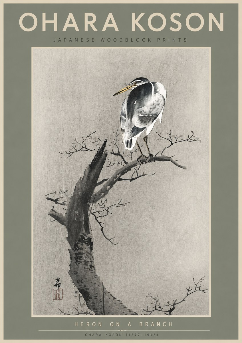 Ohara Koson Heron on a Branch No6 - Plakát