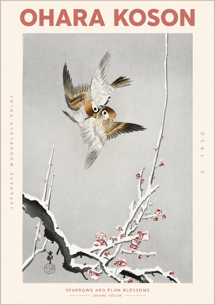 Ohara Koson Sparrows and Plum Blossoms No2 - Plakát