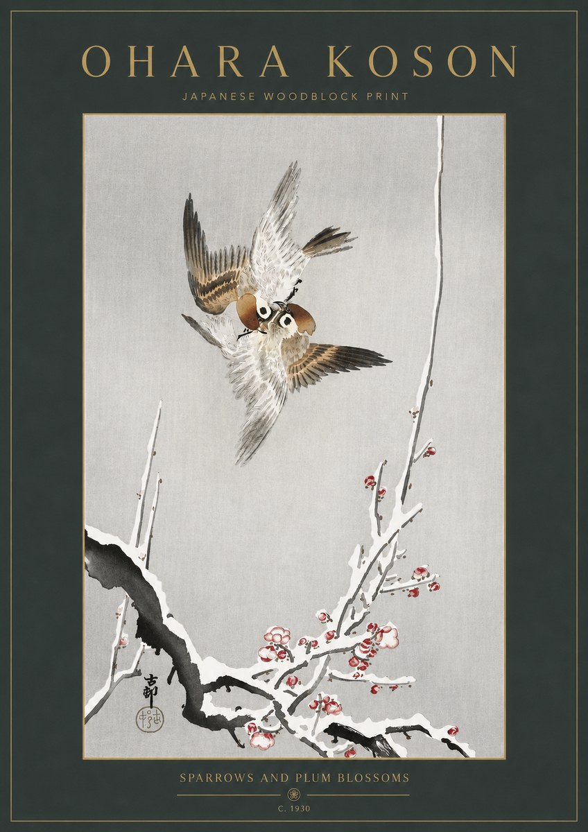 Ohara Koson Sparrows and Plum Blossoms No3 - Plakát