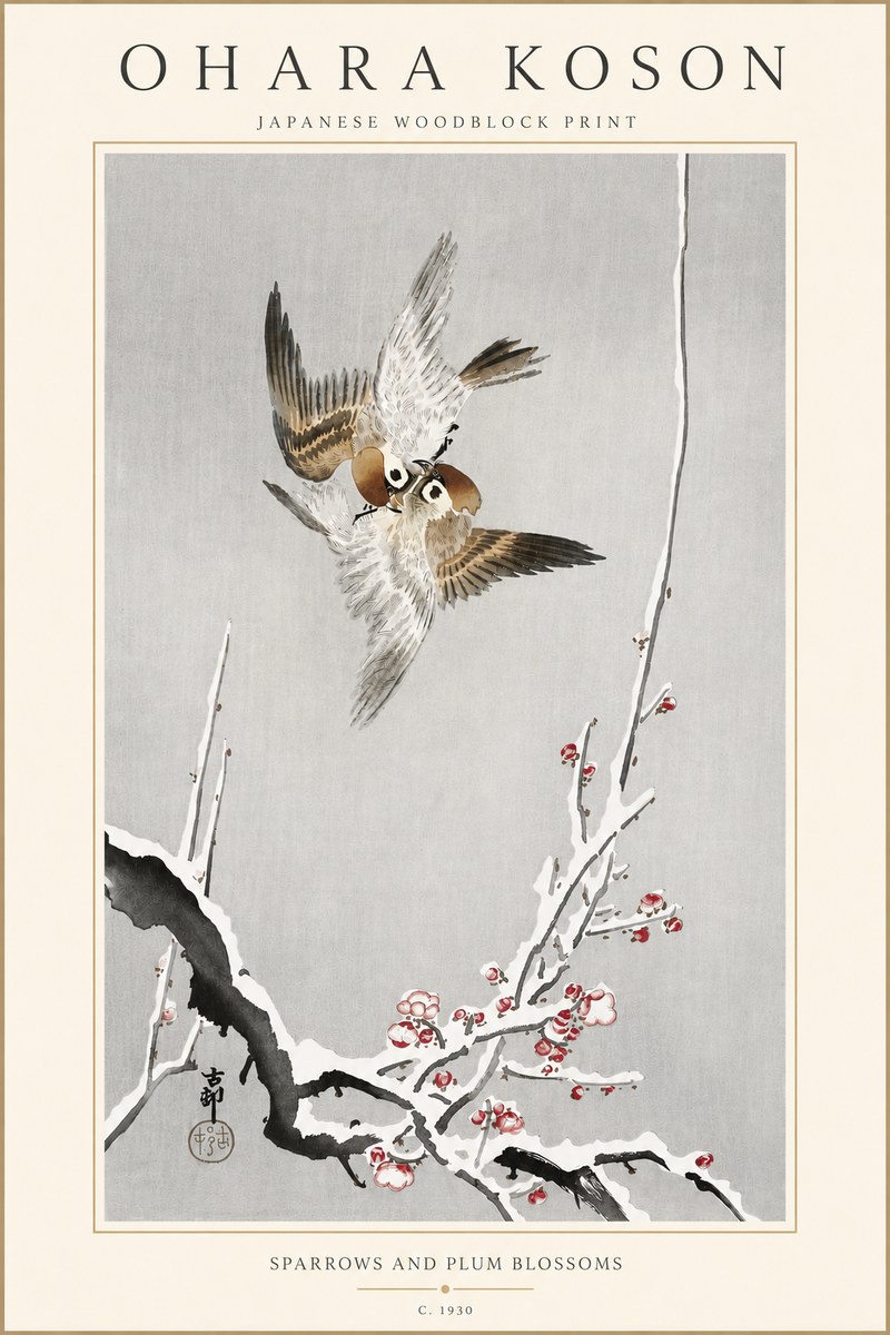 Ohara Koson Sparrows and Plum Blossoms No4 - Plakát