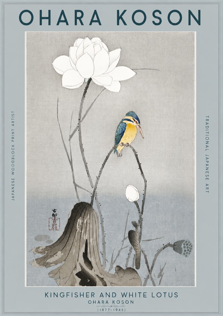 Ohara Koson Kingfisher and White Lotus No2 - Plakát