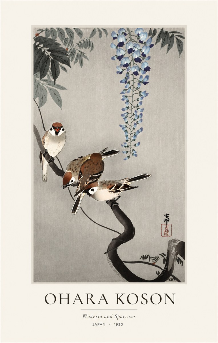 Ohara Koson Wisteria and Sparrows No1 - Plakát