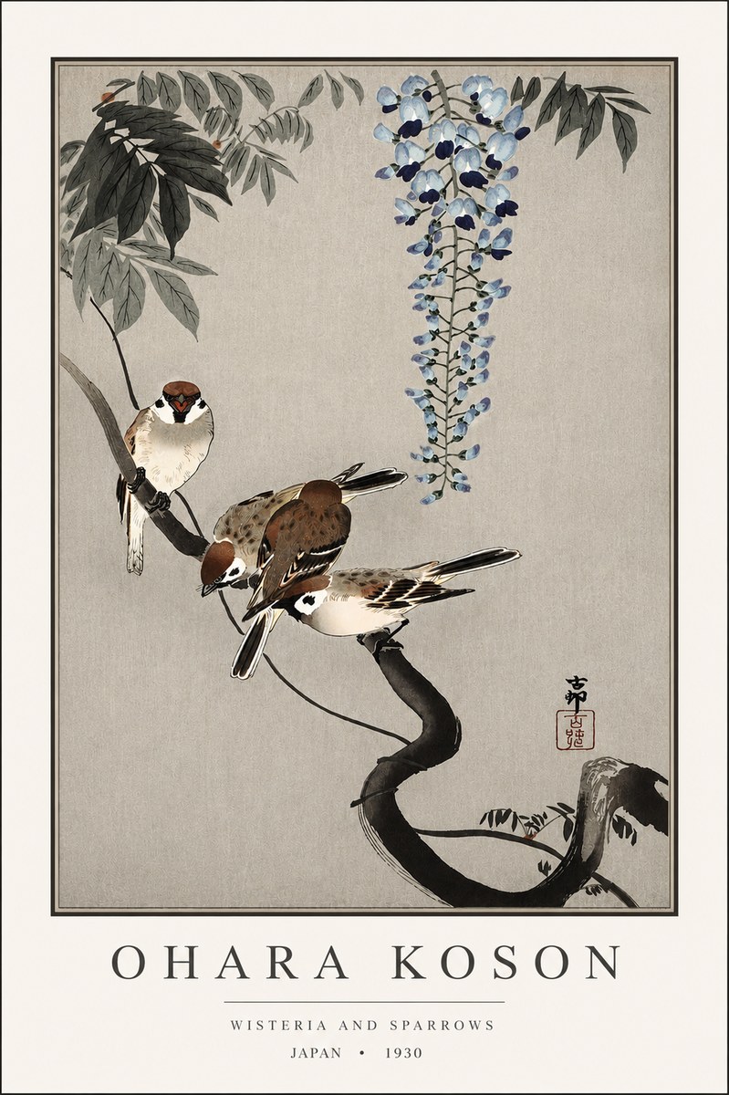 Ohara Koson Wisteria and Sparrows No3 - Plakát