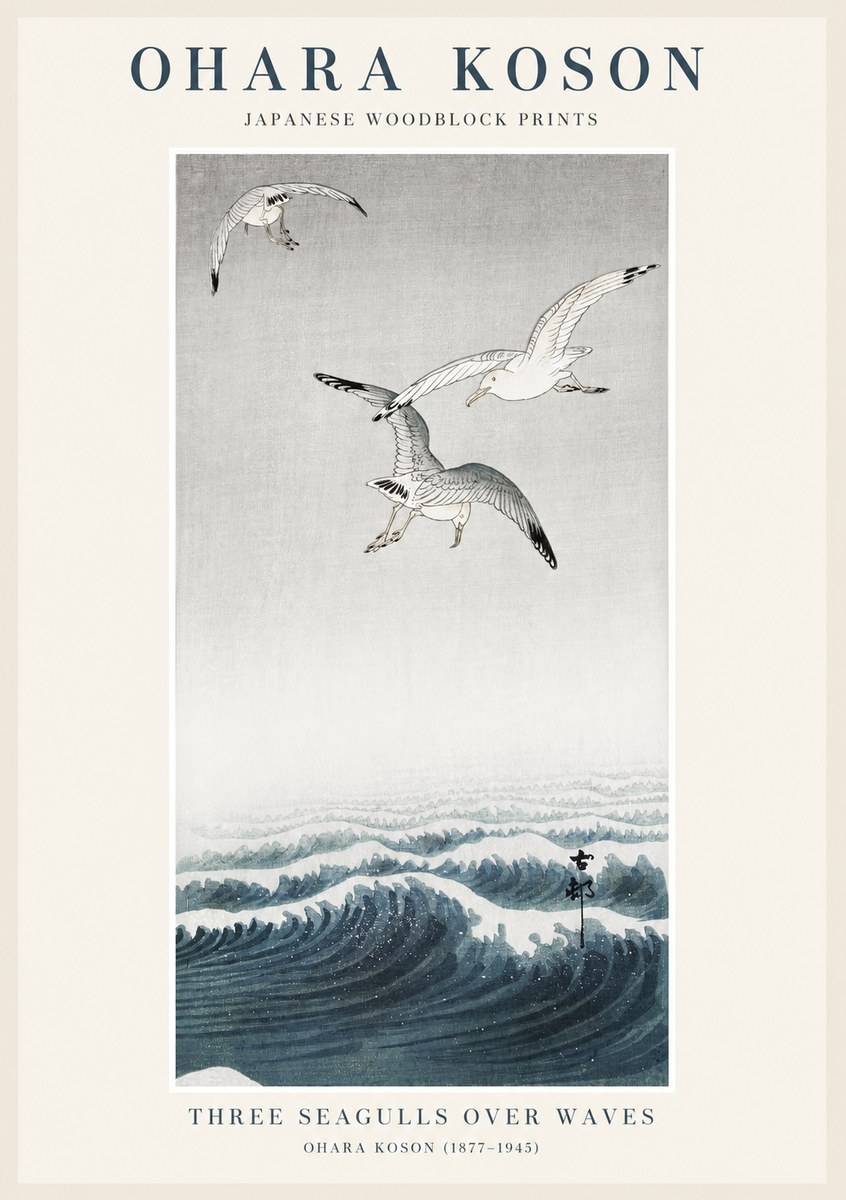 Ohara Koson Three Seagulls over Waves No1 - Plakát