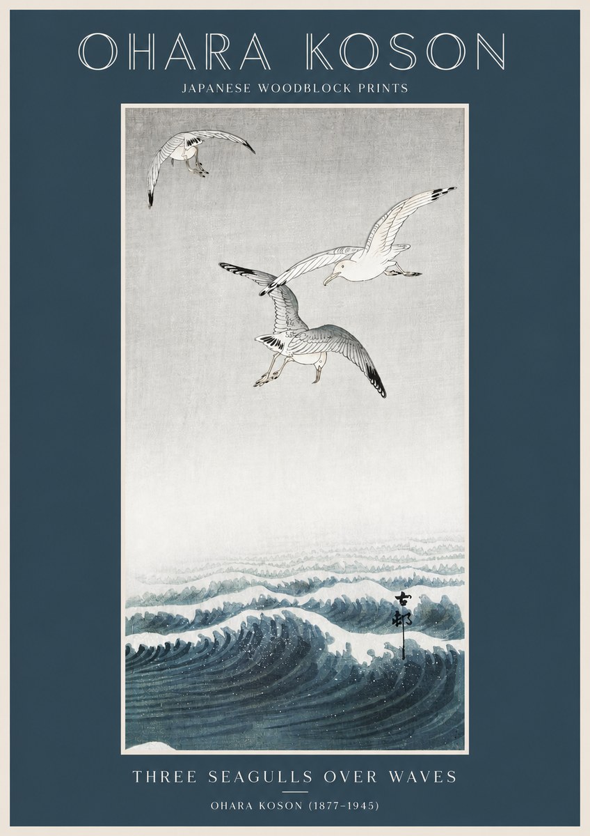 Ohara Koson Three Seagulls over Waves No2 - Plakát