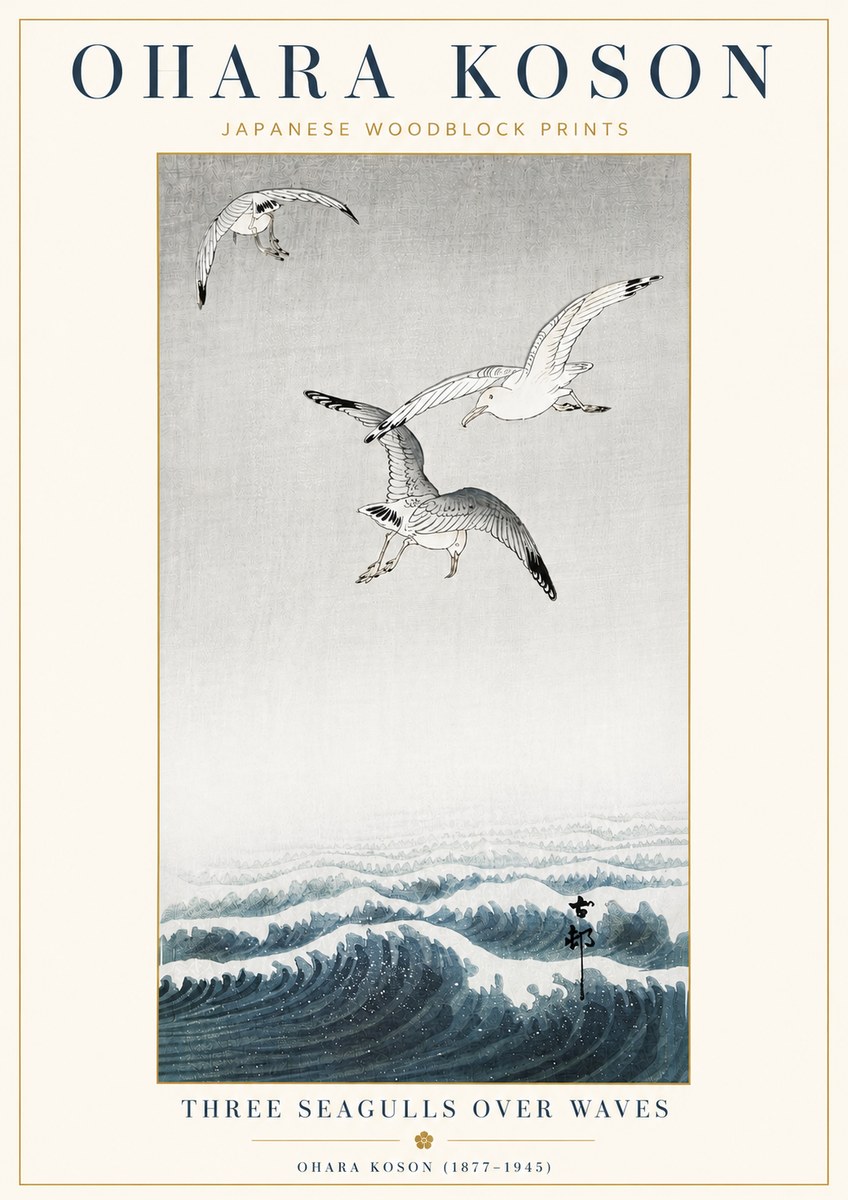 Ohara Koson Three Seagulls over Waves No4 - Plakát