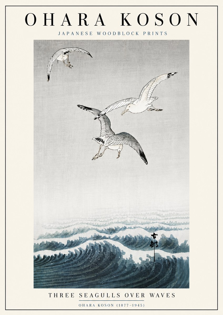 Ohara Koson Three Seagulls over Waves No6 - Plakát
