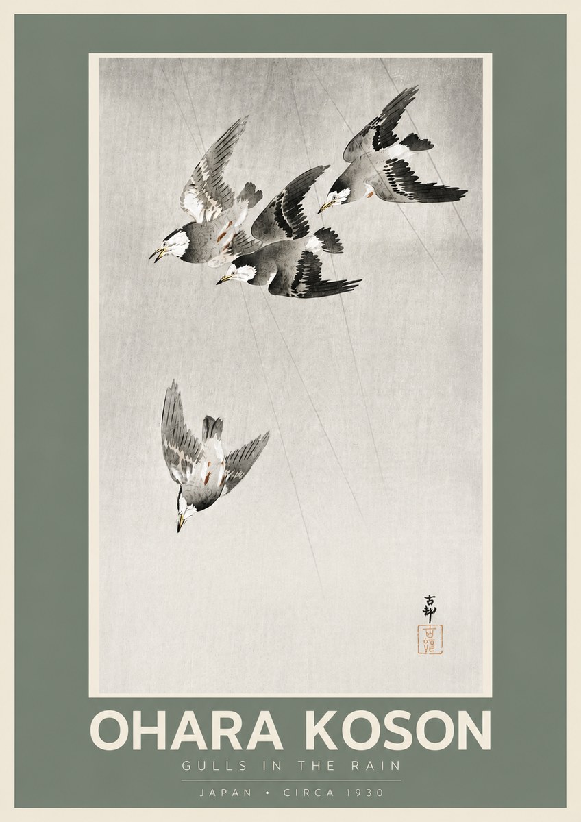 Ohara Koson Gulls in the Rain No5 - Plakát
