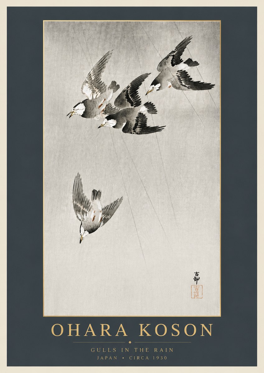 Ohara Koson Gulls in the Rain No6 - Plakát