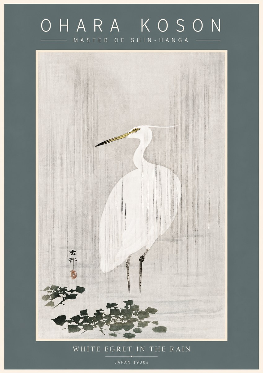 Ohara Koson White Egret in the Rain No5 - Plakát
