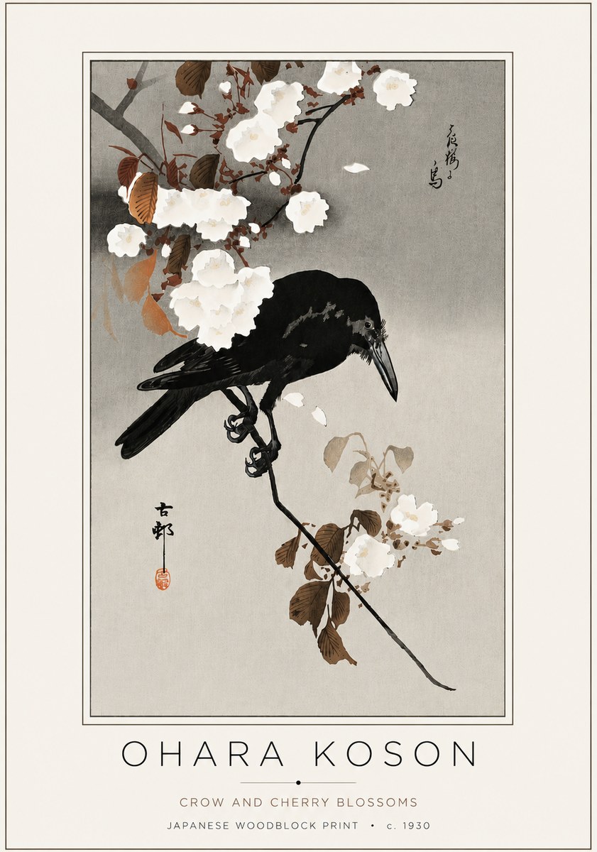 Ohara Koson Crow and Cherry Blossoms No4 - Plakát