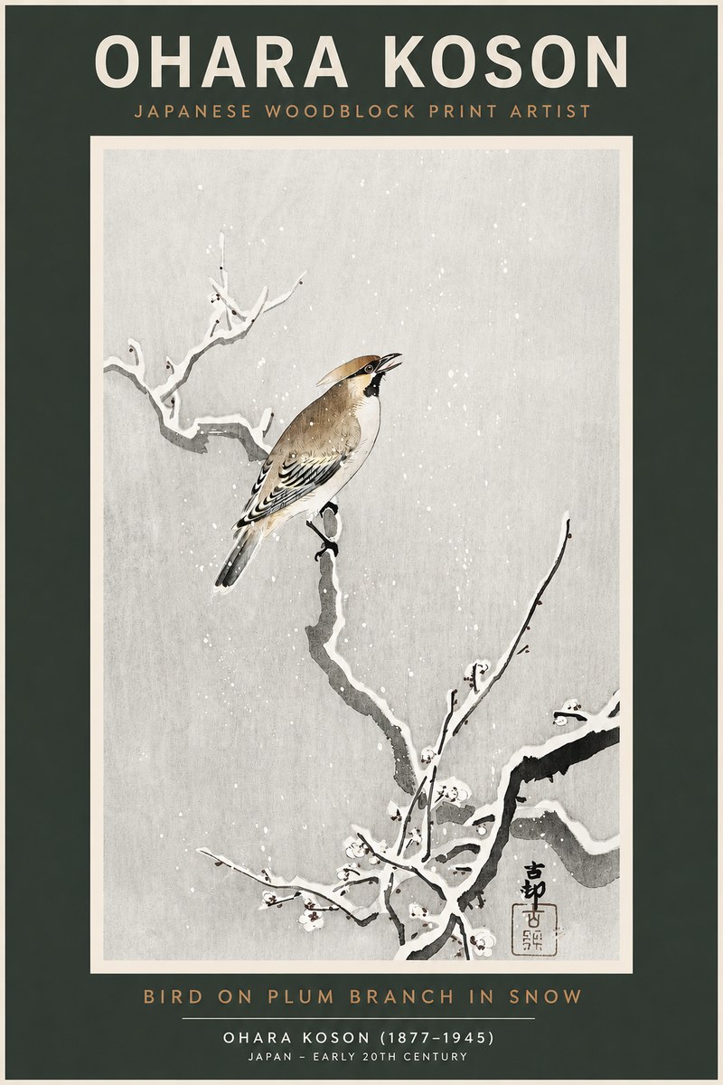 Ohara Koson Bird on Plum Branch in Snow No2 - Plakát