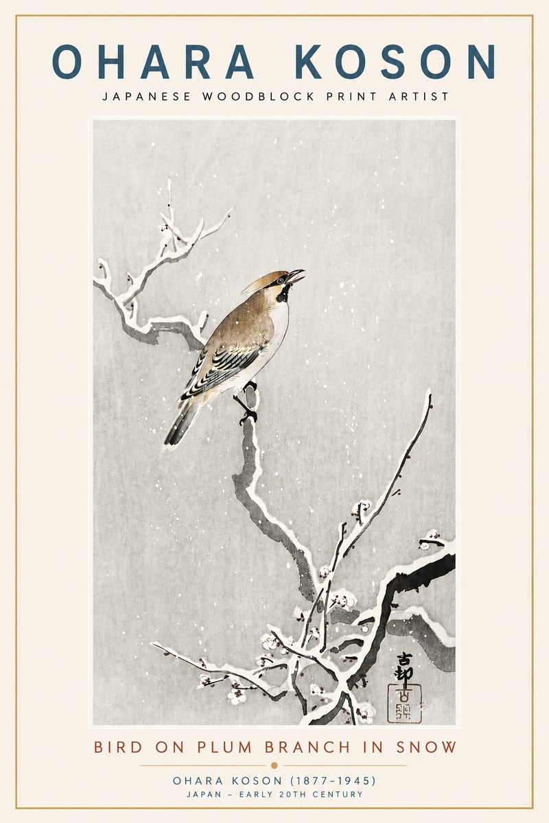 Ohara Koson Bird on Plum Branch in Snow No3 - Plakát